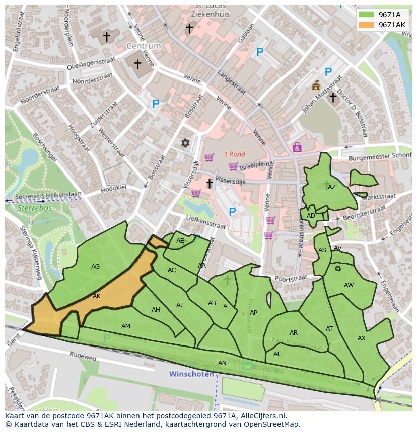 Afbeelding van het postcodegebied 9671 AK op de kaart.