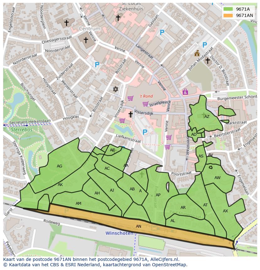 Afbeelding van het postcodegebied 9671 AN op de kaart.
