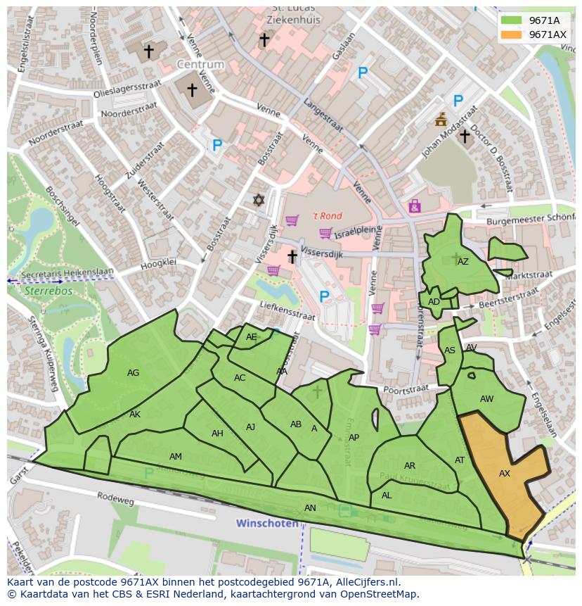 Afbeelding van het postcodegebied 9671 AX op de kaart.