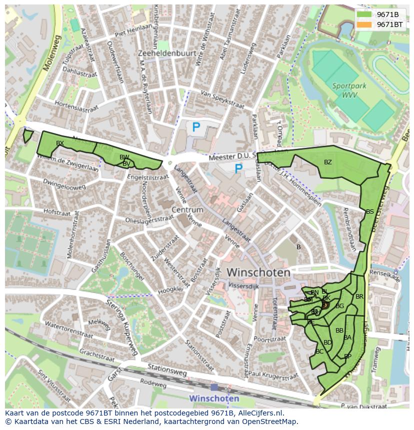 Afbeelding van het postcodegebied 9671 BT op de kaart.