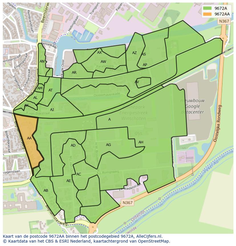 Afbeelding van het postcodegebied 9672 AA op de kaart.