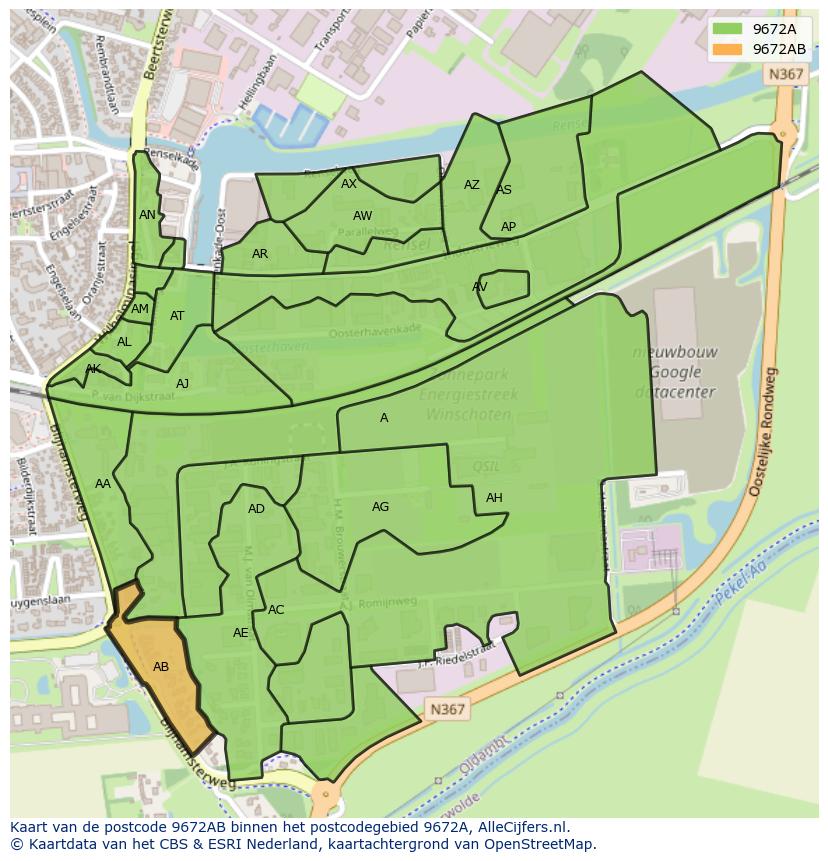 Afbeelding van het postcodegebied 9672 AB op de kaart.