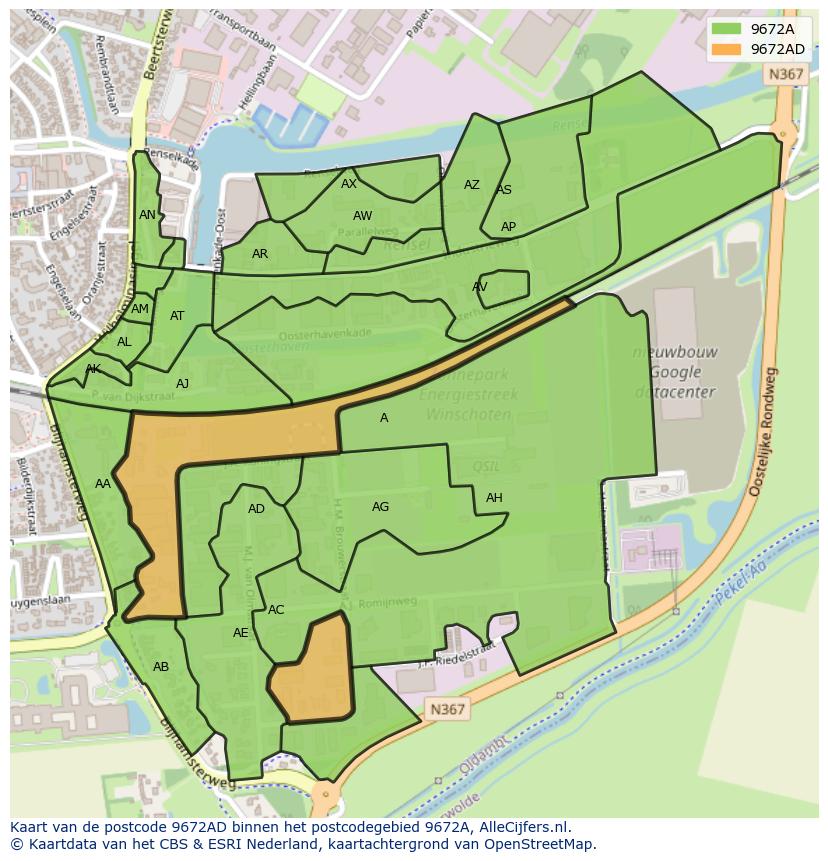 Afbeelding van het postcodegebied 9672 AD op de kaart.