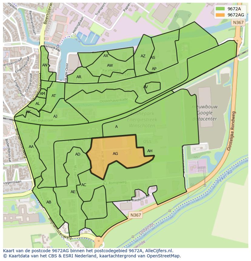 Afbeelding van het postcodegebied 9672 AG op de kaart.