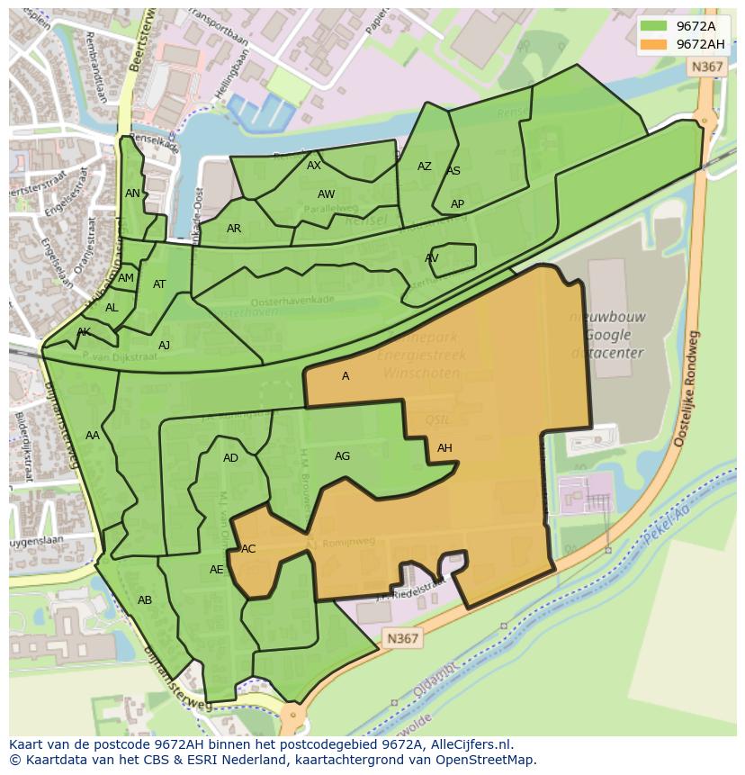 Afbeelding van het postcodegebied 9672 AH op de kaart.