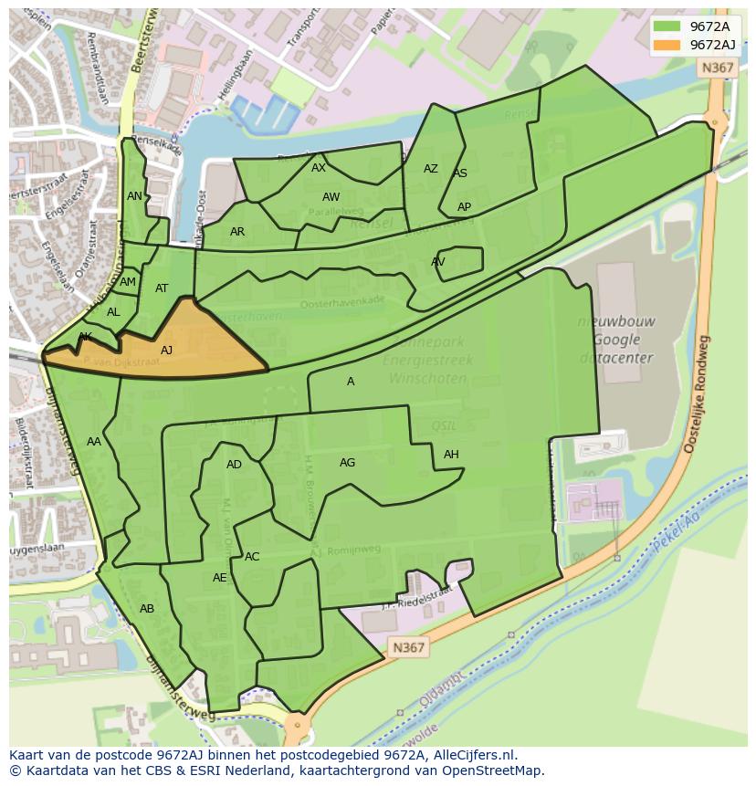 Afbeelding van het postcodegebied 9672 AJ op de kaart.