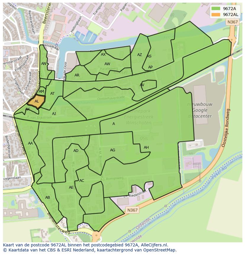 Afbeelding van het postcodegebied 9672 AL op de kaart.