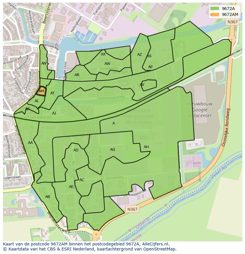 Afbeelding van het postcodegebied 9672 AM op de kaart.