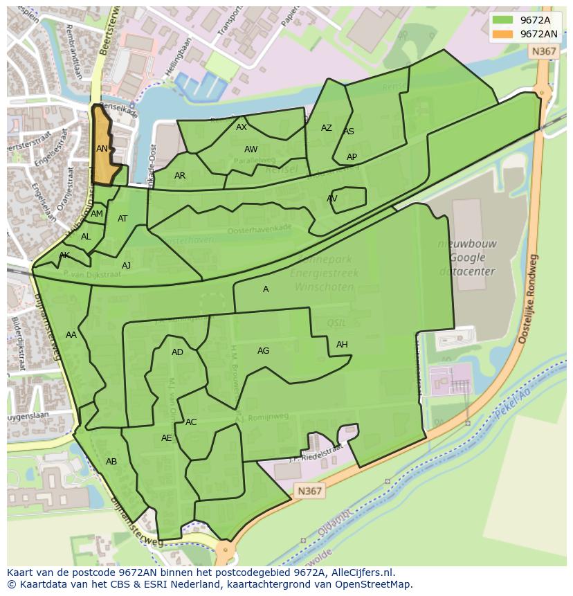 Afbeelding van het postcodegebied 9672 AN op de kaart.