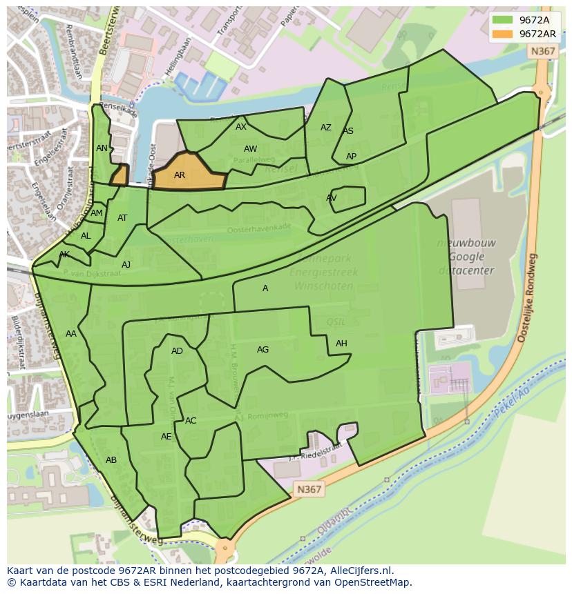Afbeelding van het postcodegebied 9672 AR op de kaart.