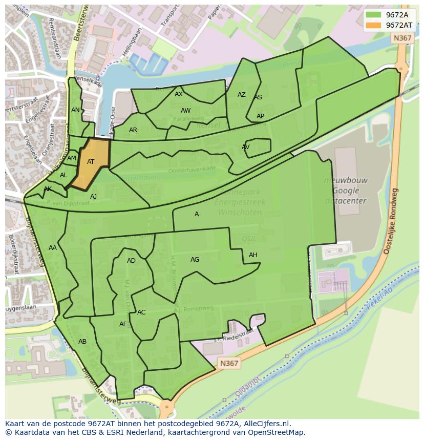 Afbeelding van het postcodegebied 9672 AT op de kaart.