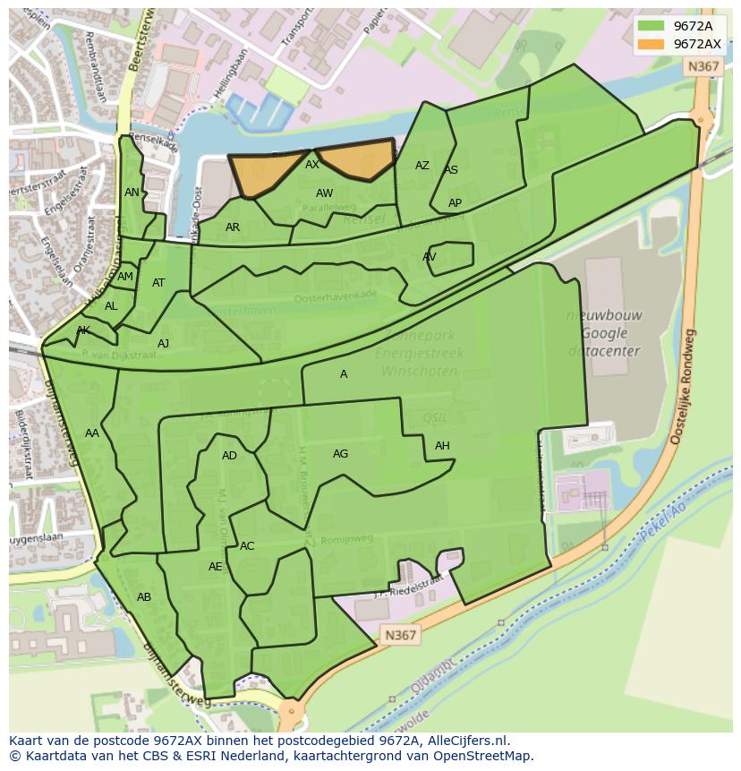 Afbeelding van het postcodegebied 9672 AX op de kaart.