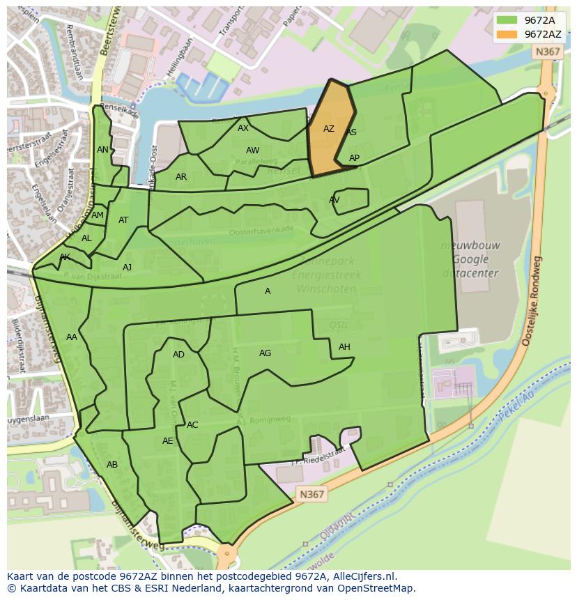 Afbeelding van het postcodegebied 9672 AZ op de kaart.