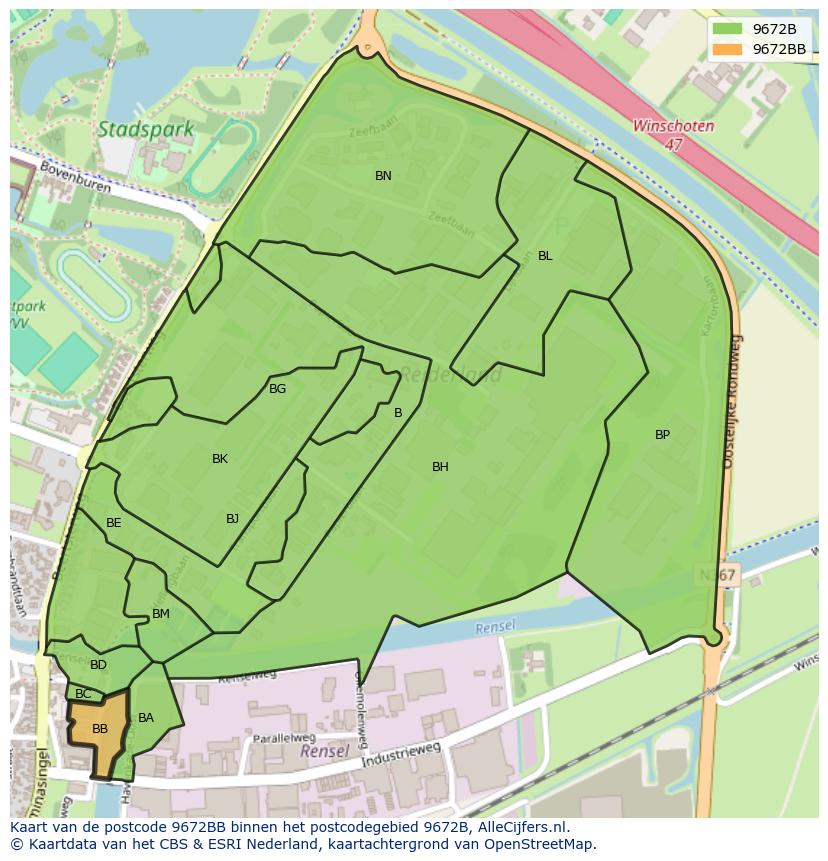 Afbeelding van het postcodegebied 9672 BB op de kaart.