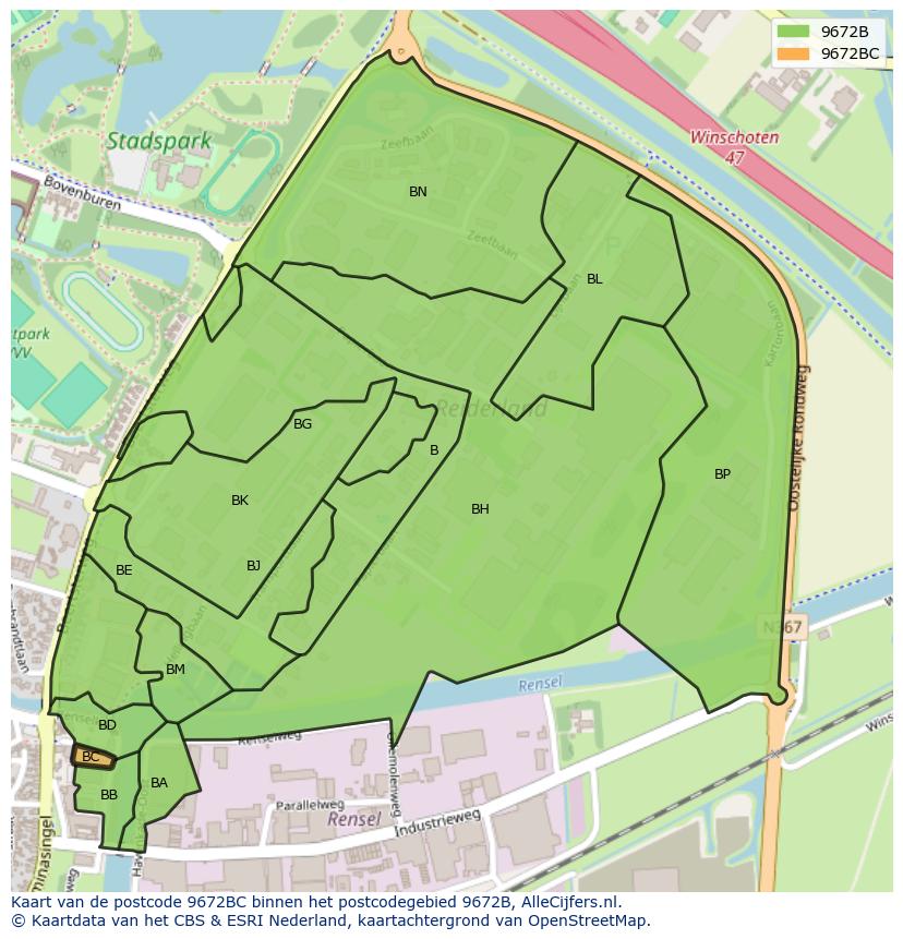 Afbeelding van het postcodegebied 9672 BC op de kaart.