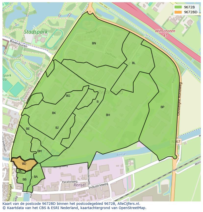 Afbeelding van het postcodegebied 9672 BD op de kaart.