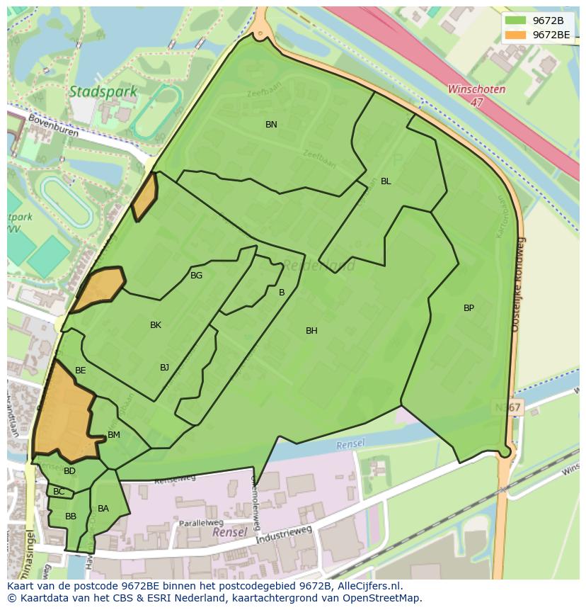 Afbeelding van het postcodegebied 9672 BE op de kaart.