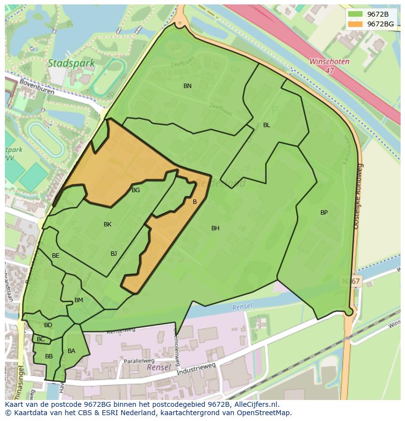Afbeelding van het postcodegebied 9672 BG op de kaart.