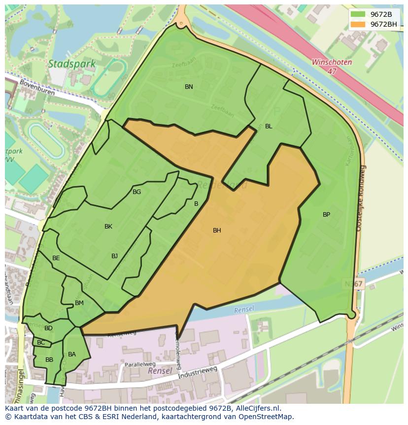 Afbeelding van het postcodegebied 9672 BH op de kaart.