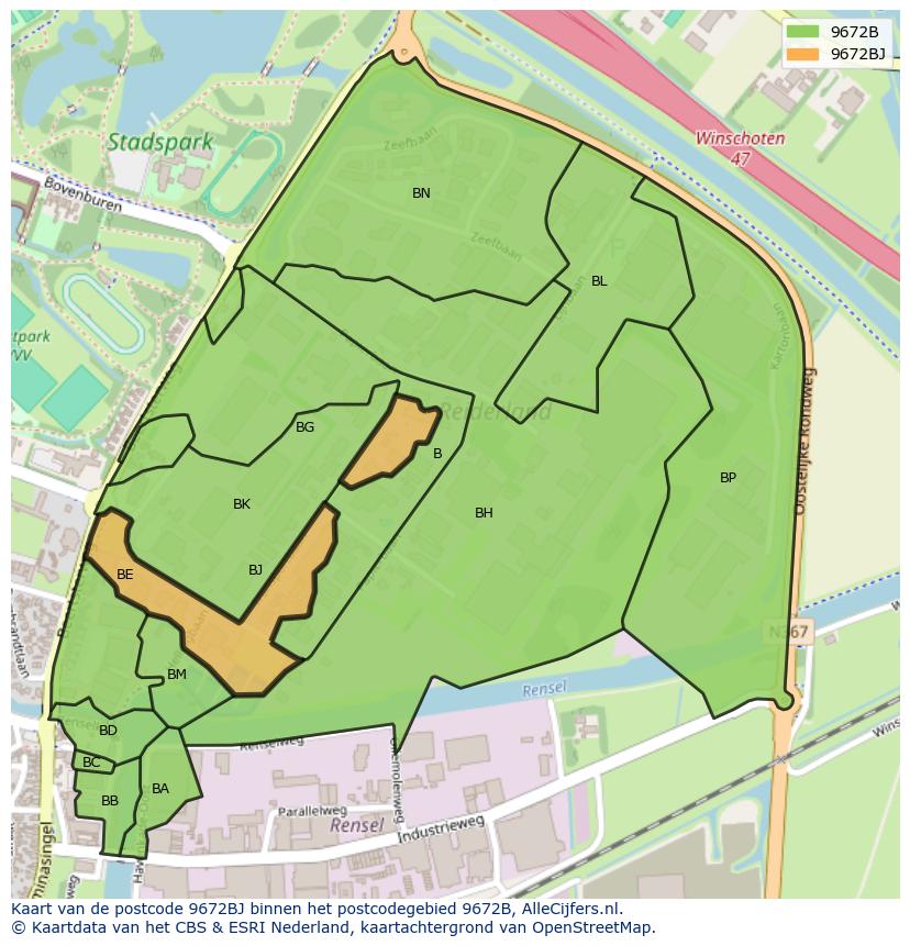 Afbeelding van het postcodegebied 9672 BJ op de kaart.