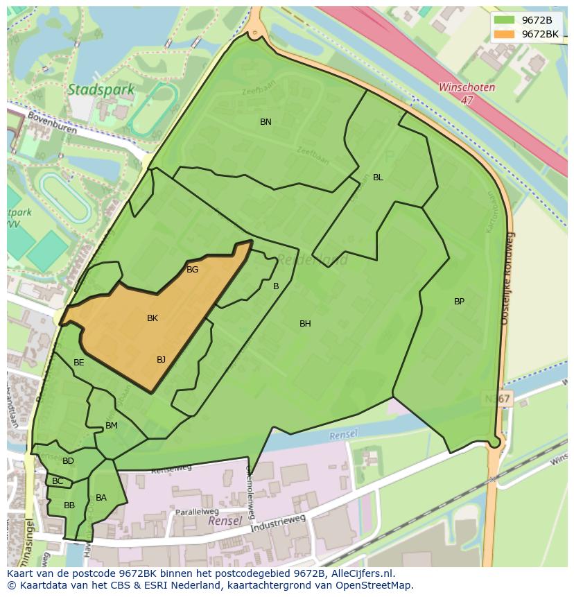 Afbeelding van het postcodegebied 9672 BK op de kaart.
