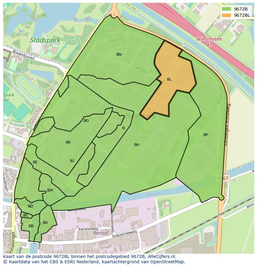 Afbeelding van het postcodegebied 9672 BL op de kaart.