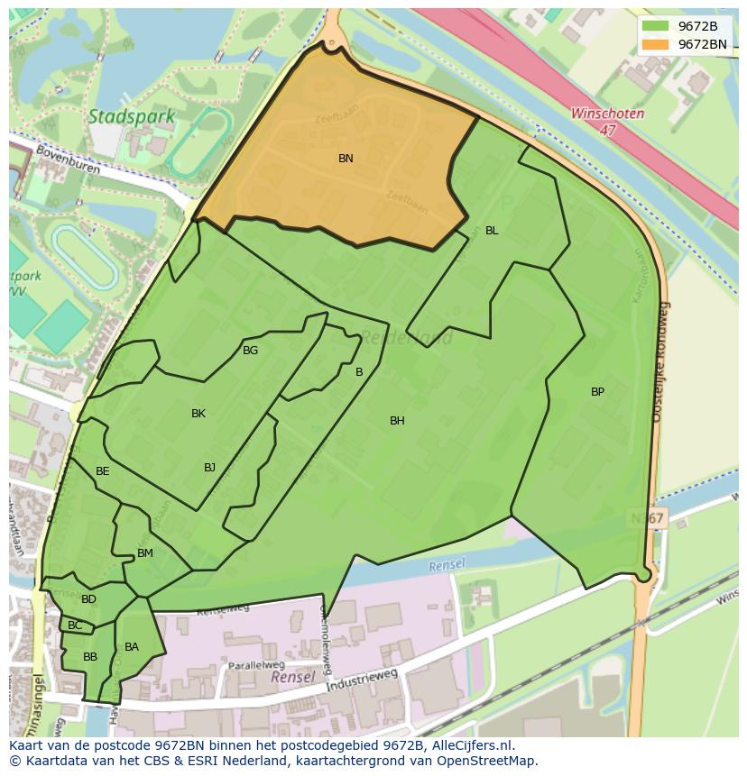Afbeelding van het postcodegebied 9672 BN op de kaart.