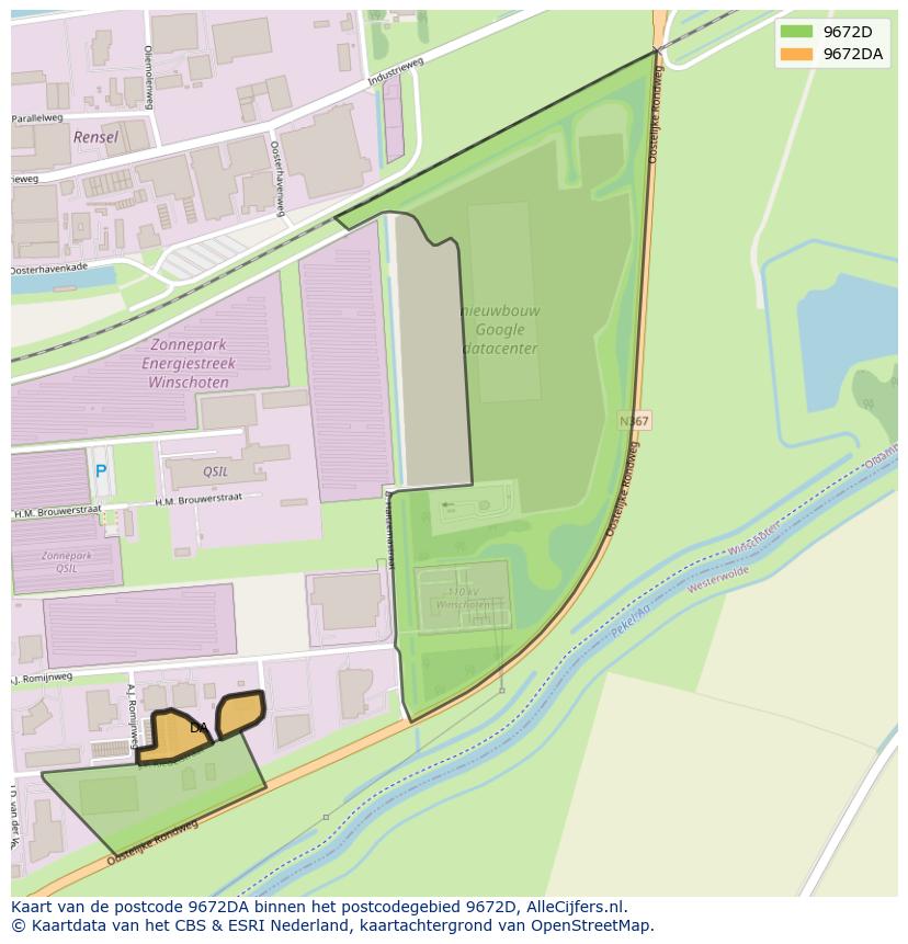 Afbeelding van het postcodegebied 9672 DA op de kaart.