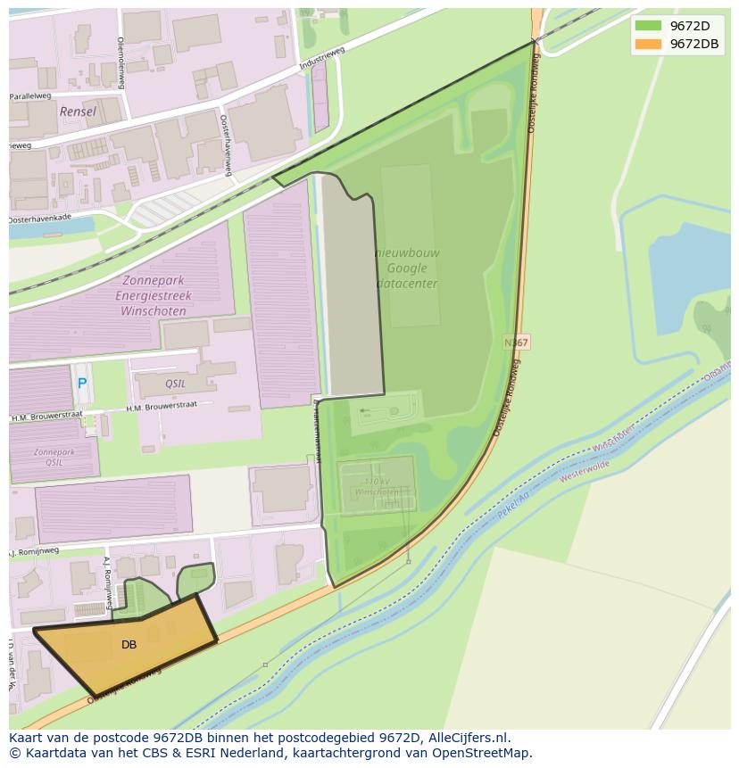 Afbeelding van het postcodegebied 9672 DB op de kaart.