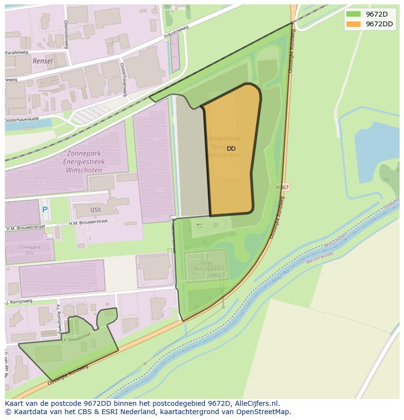 Afbeelding van het postcodegebied 9672 DD op de kaart.