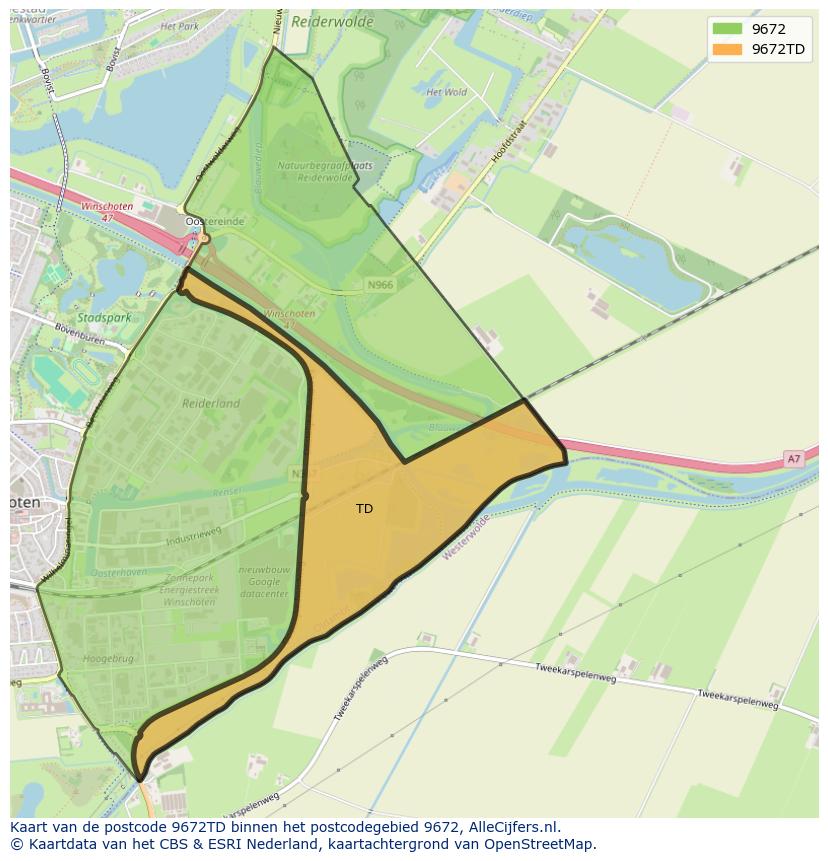 Afbeelding van het postcodegebied 9672 TD op de kaart.