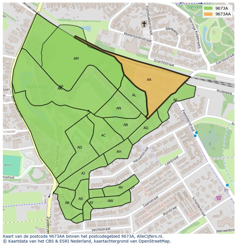 Afbeelding van het postcodegebied 9673 AA op de kaart.
