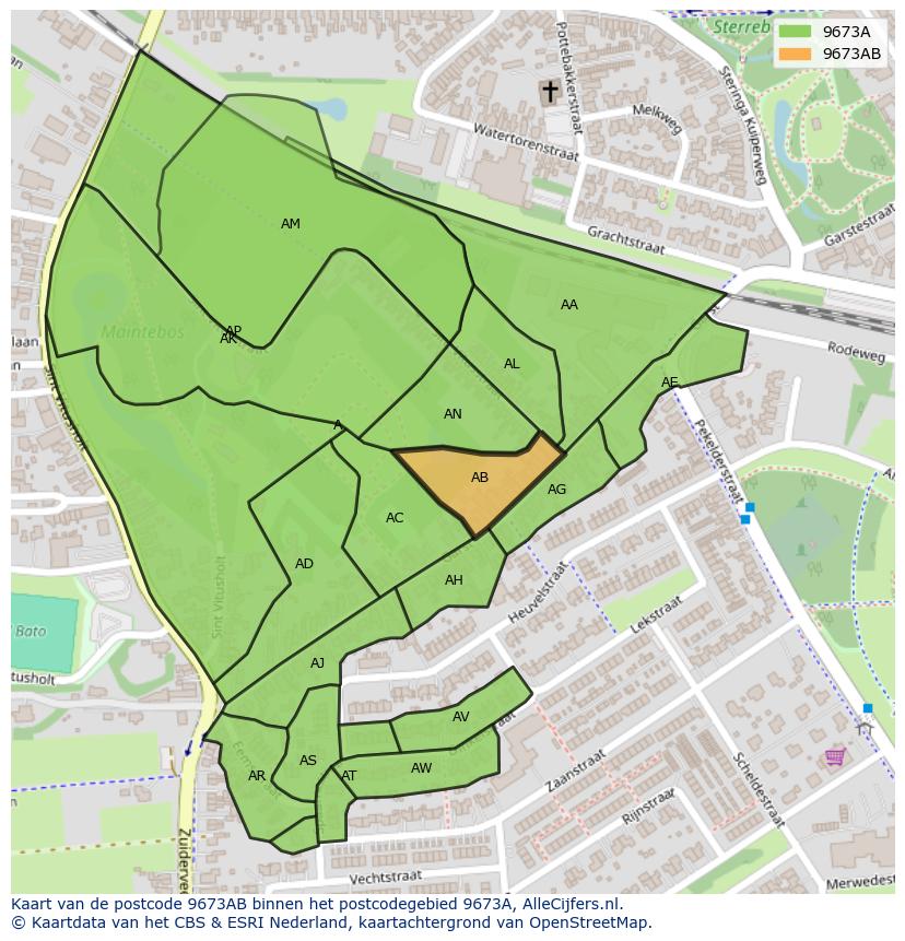 Afbeelding van het postcodegebied 9673 AB op de kaart.