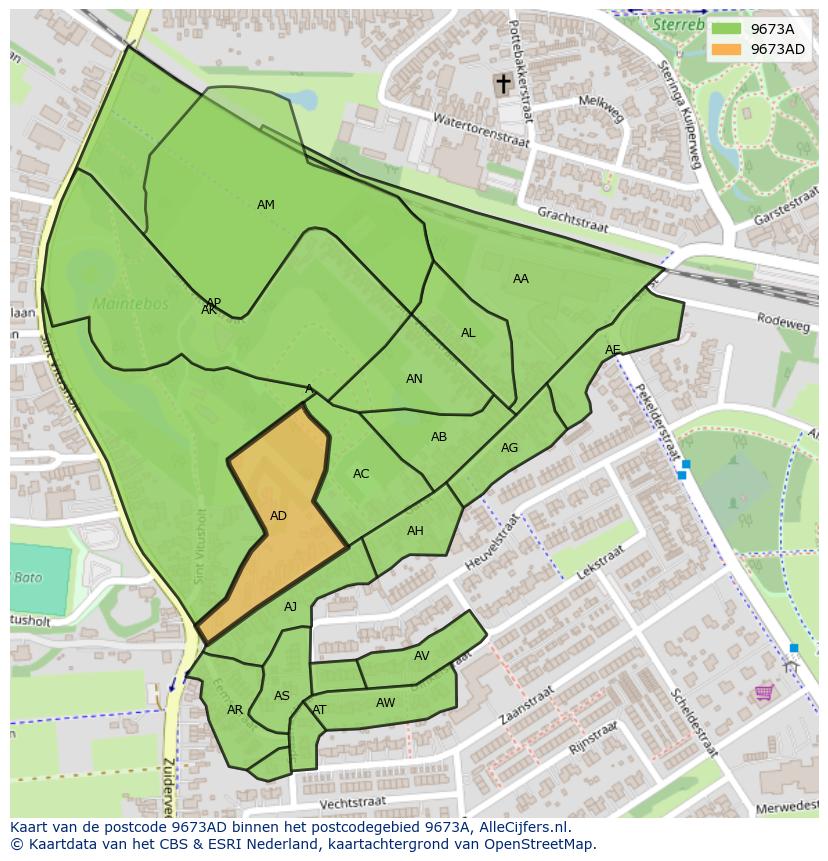 Afbeelding van het postcodegebied 9673 AD op de kaart.