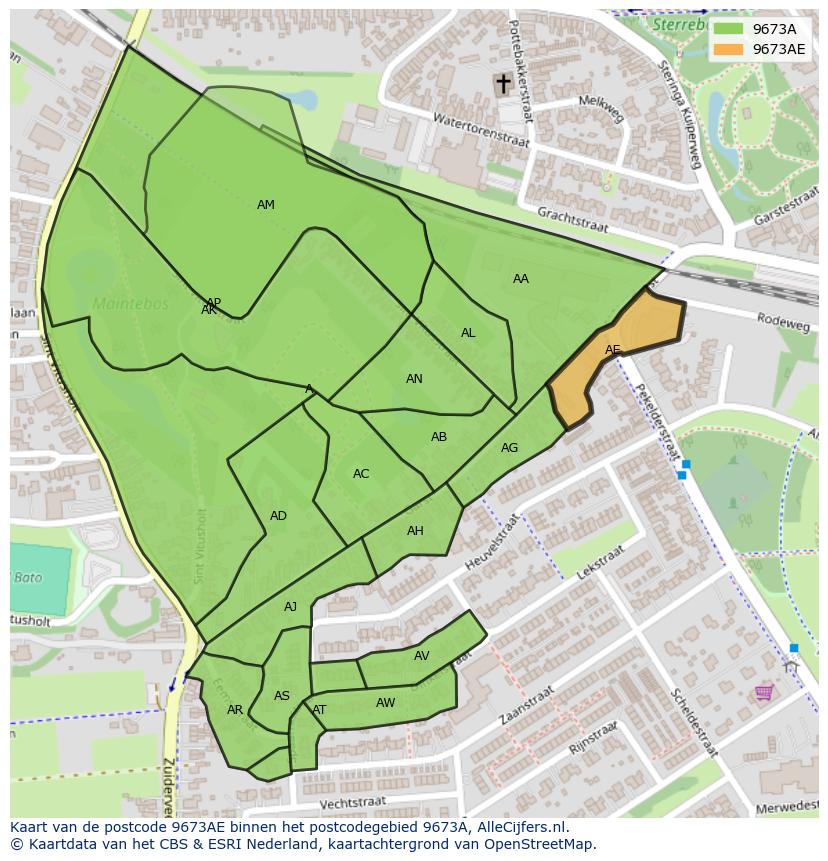 Afbeelding van het postcodegebied 9673 AE op de kaart.