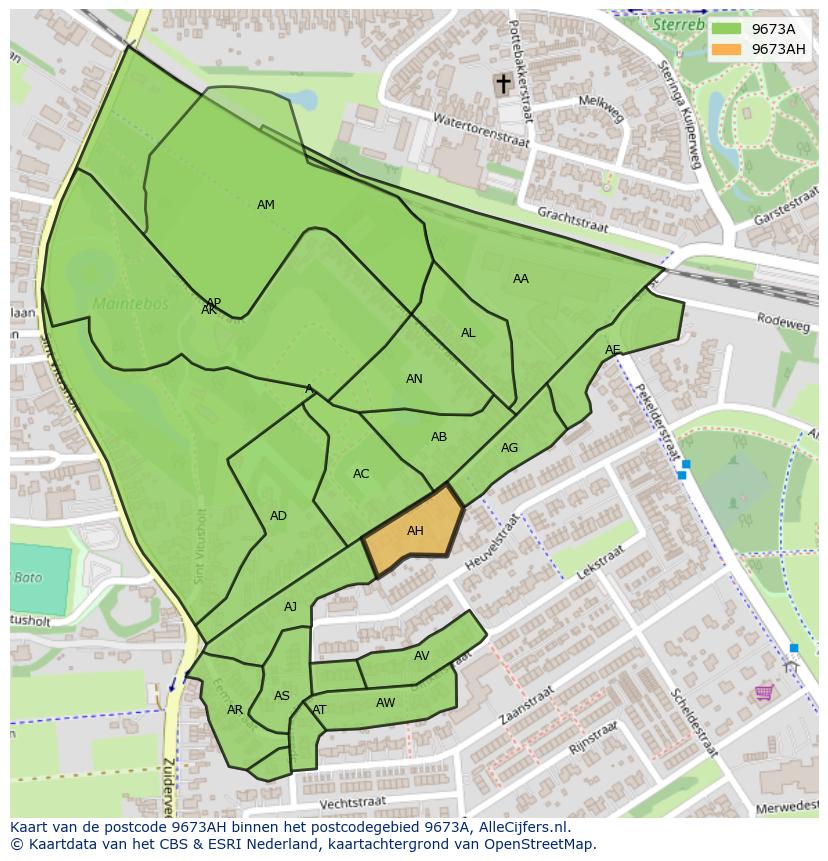 Afbeelding van het postcodegebied 9673 AH op de kaart.