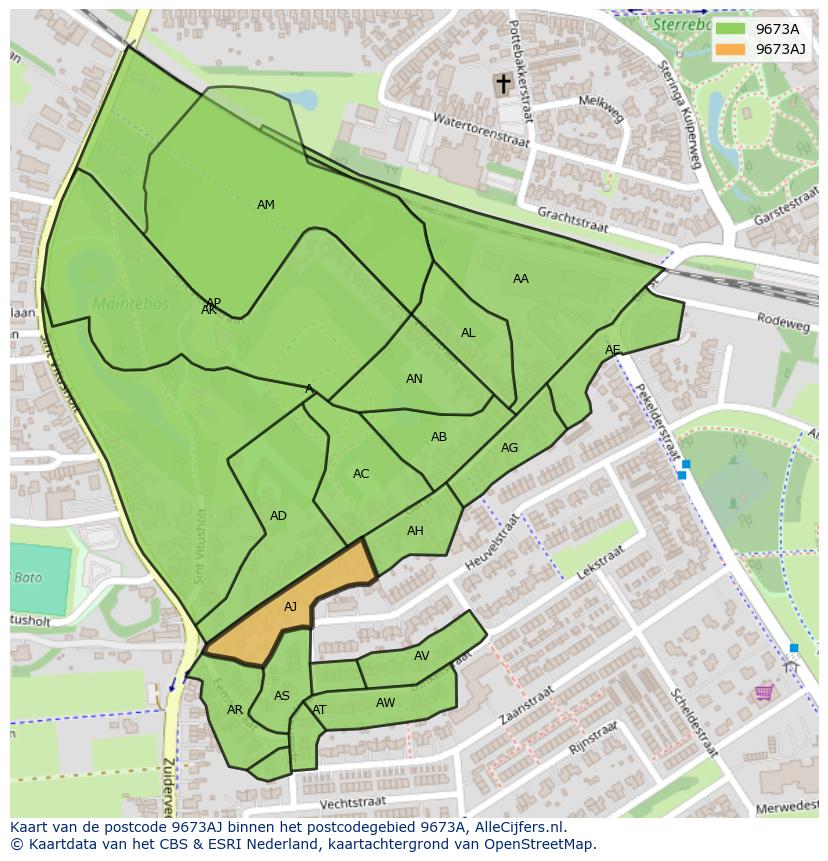 Afbeelding van het postcodegebied 9673 AJ op de kaart.