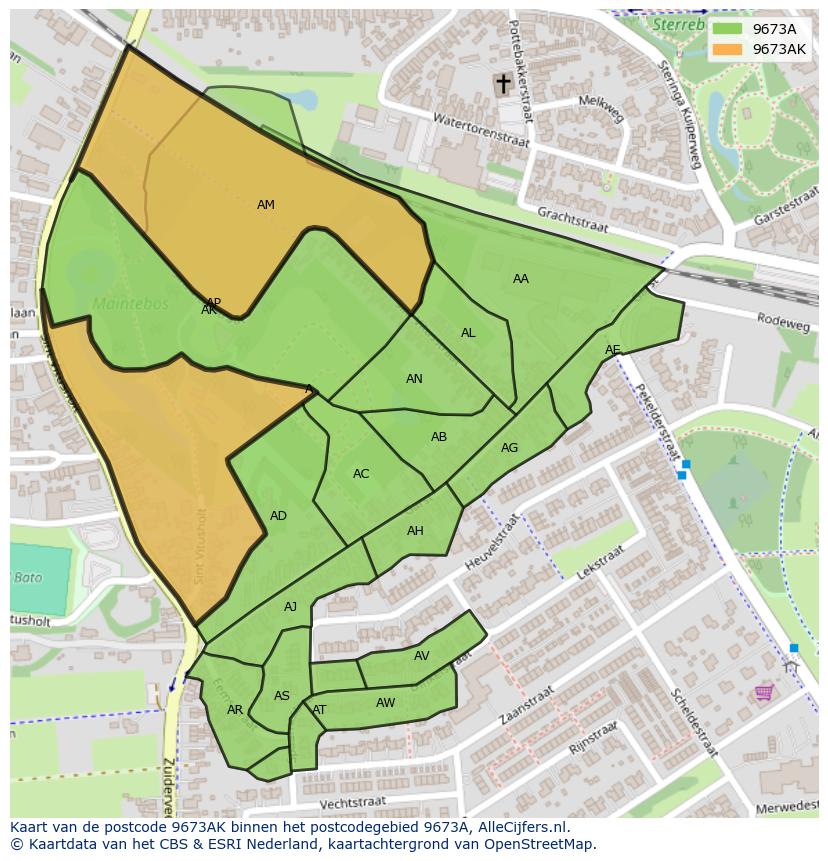 Afbeelding van het postcodegebied 9673 AK op de kaart.