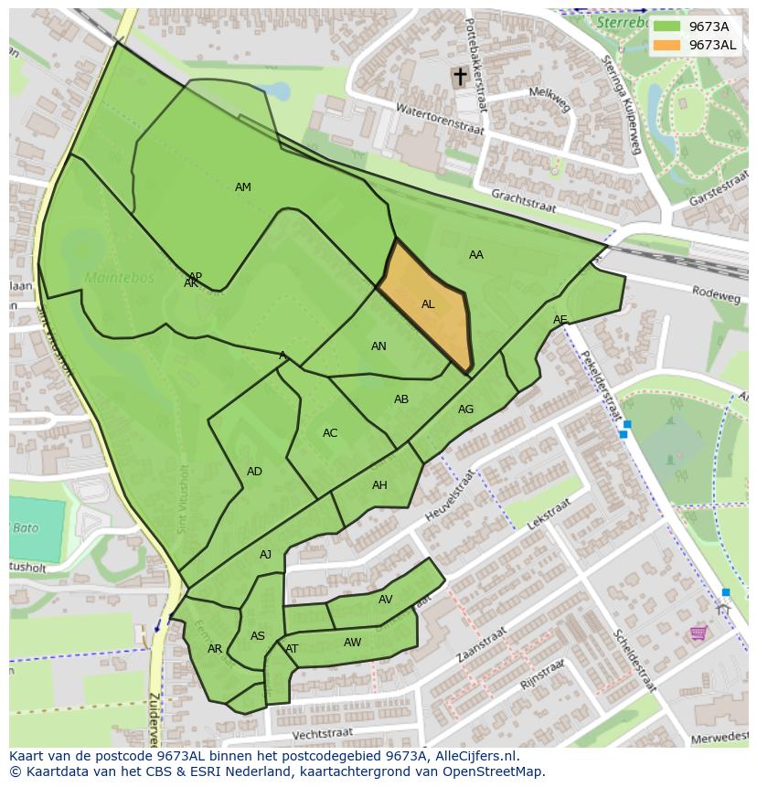 Afbeelding van het postcodegebied 9673 AL op de kaart.
