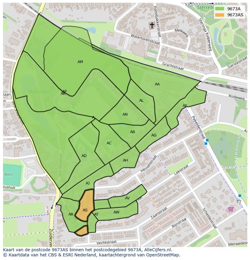 Afbeelding van het postcodegebied 9673 AS op de kaart.