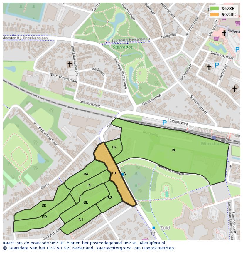 Afbeelding van het postcodegebied 9673 BJ op de kaart.