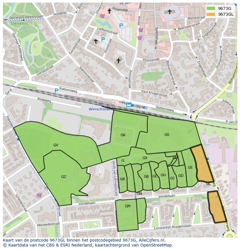Afbeelding van het postcodegebied 9673 GL op de kaart.