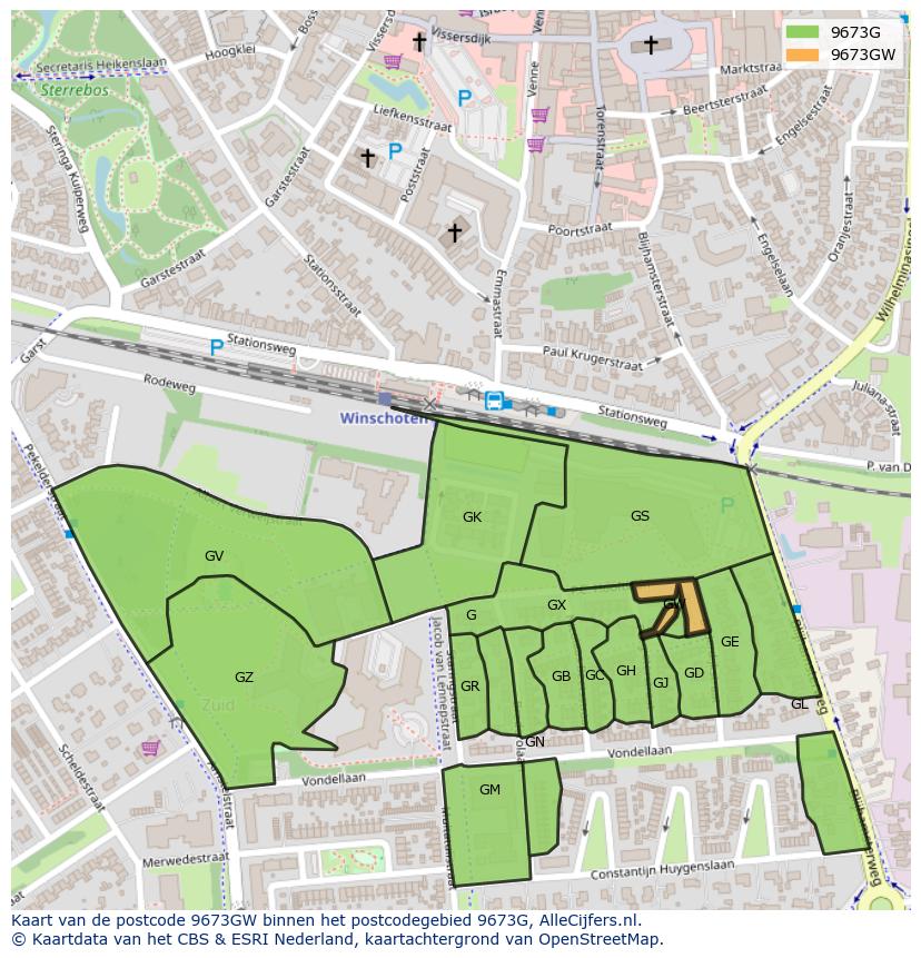 Afbeelding van het postcodegebied 9673 GW op de kaart.