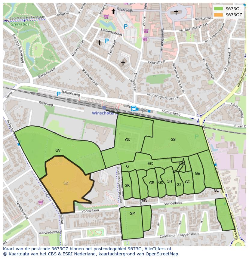 Afbeelding van het postcodegebied 9673 GZ op de kaart.