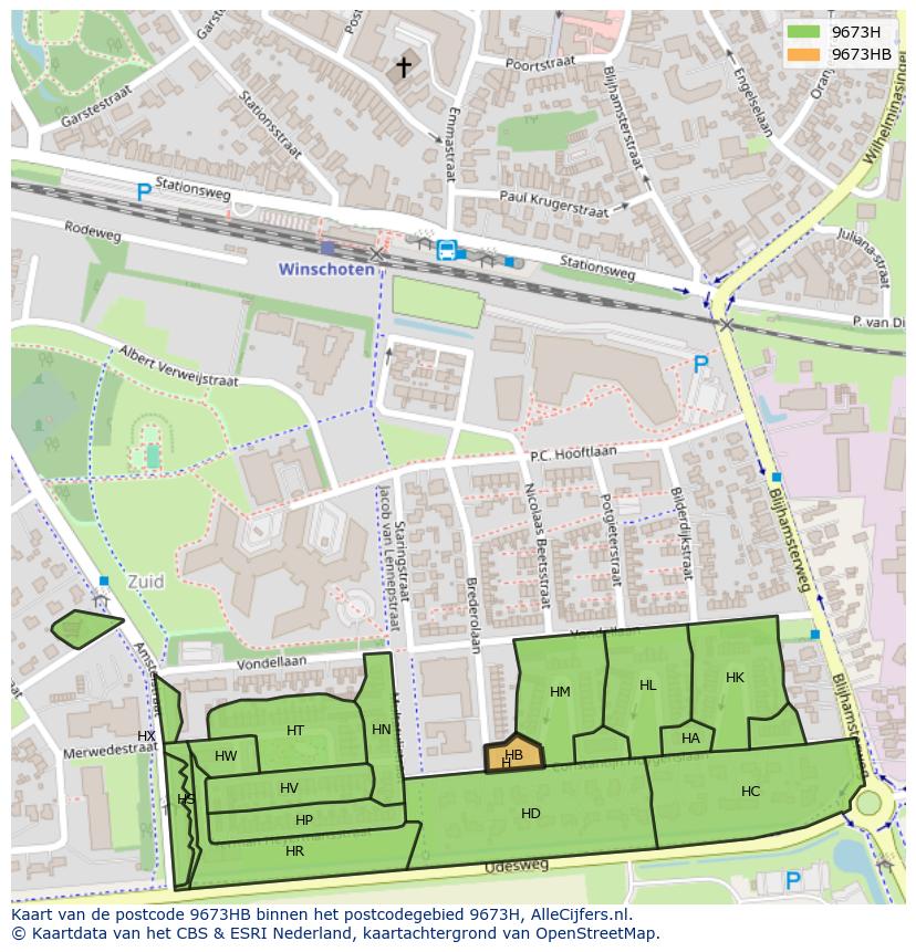 Afbeelding van het postcodegebied 9673 HB op de kaart.
