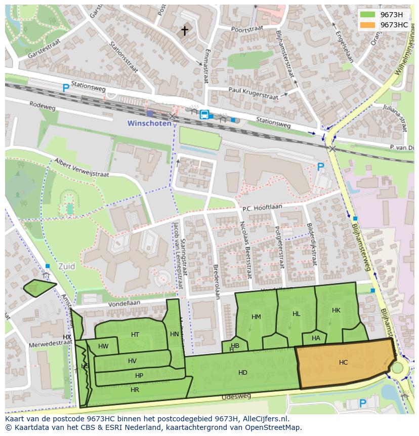 Afbeelding van het postcodegebied 9673 HC op de kaart.
