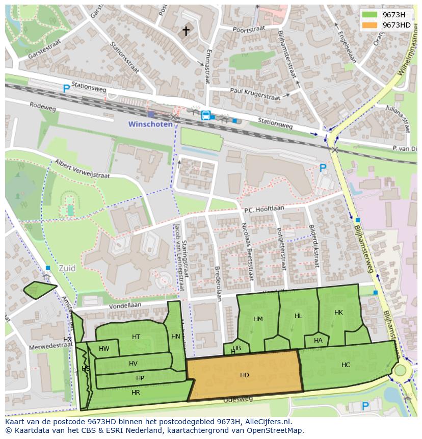 Afbeelding van het postcodegebied 9673 HD op de kaart.