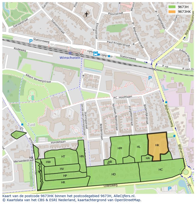 Afbeelding van het postcodegebied 9673 HK op de kaart.