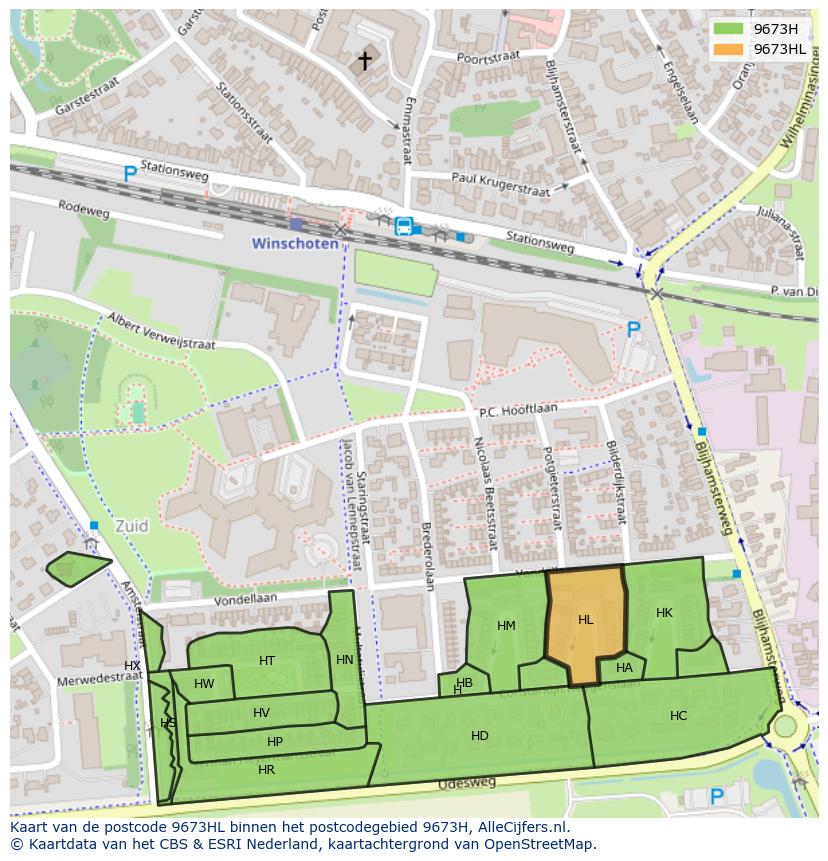 Afbeelding van het postcodegebied 9673 HL op de kaart.