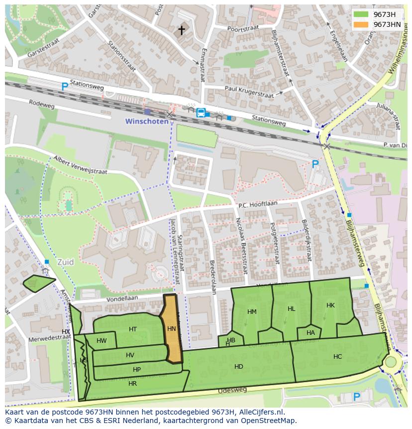 Afbeelding van het postcodegebied 9673 HN op de kaart.
